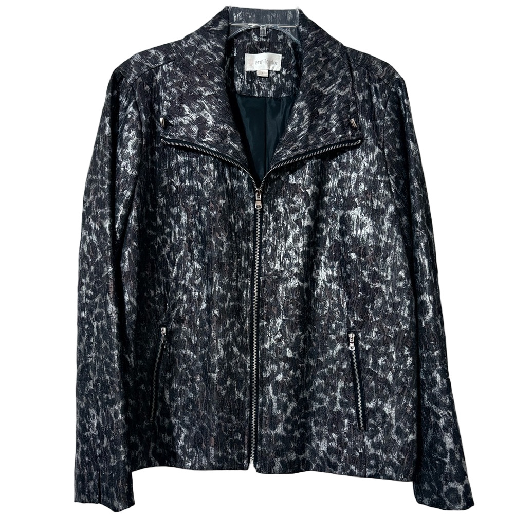 Erin London Textured Animal Print Zip Front Jacket Black Gray Women’s